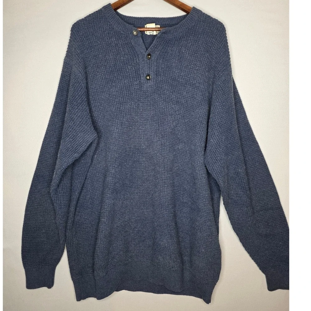 LL Bean Henley Sweater XXL Tall Pullover Chunky Blue Cotton/Wool Grandpa‎